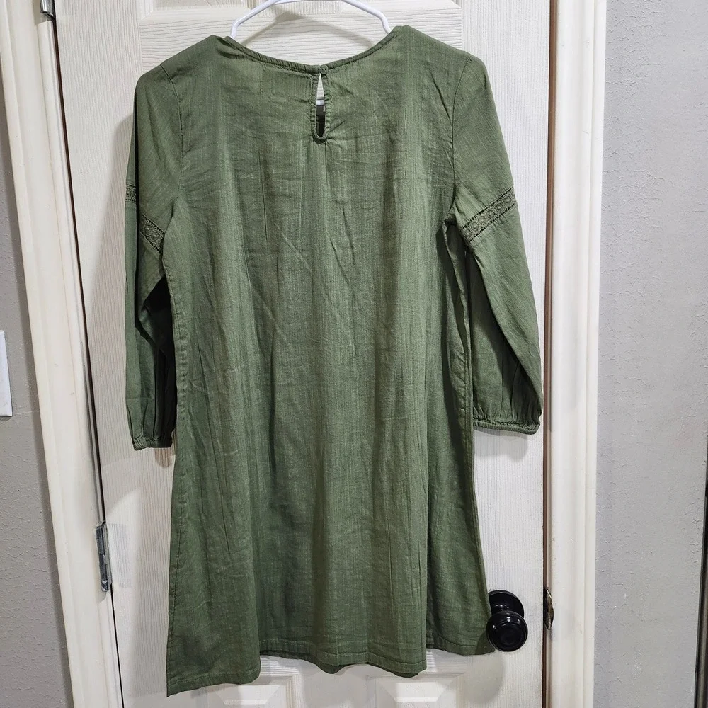 Old Navy Girls Olive Green Embroidered Bib Long Sleeve Shift Dress L 10-12 Plus
